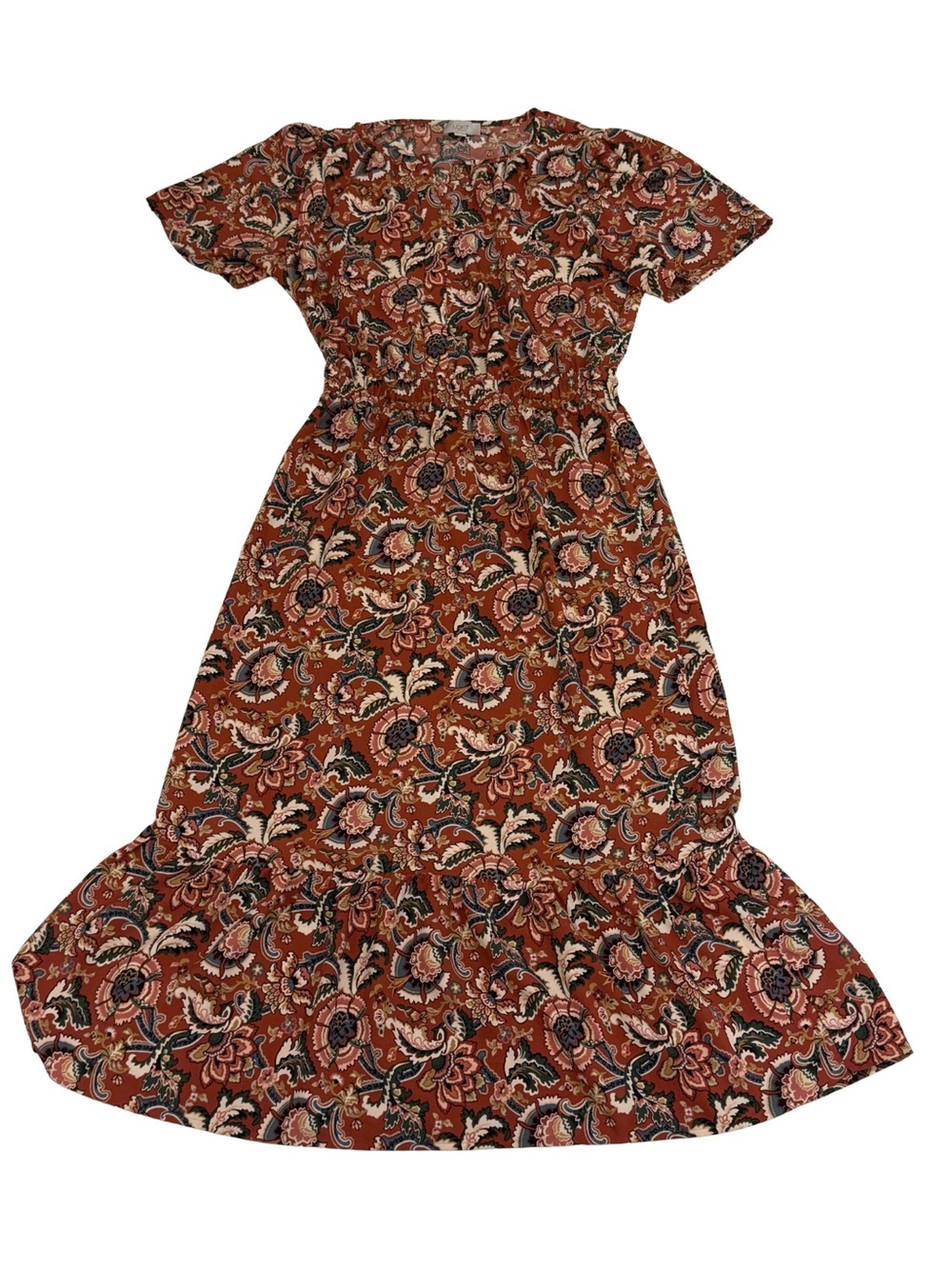 LOFT Rust Floral Tiered Midi Dress with Short Sleeves | M
